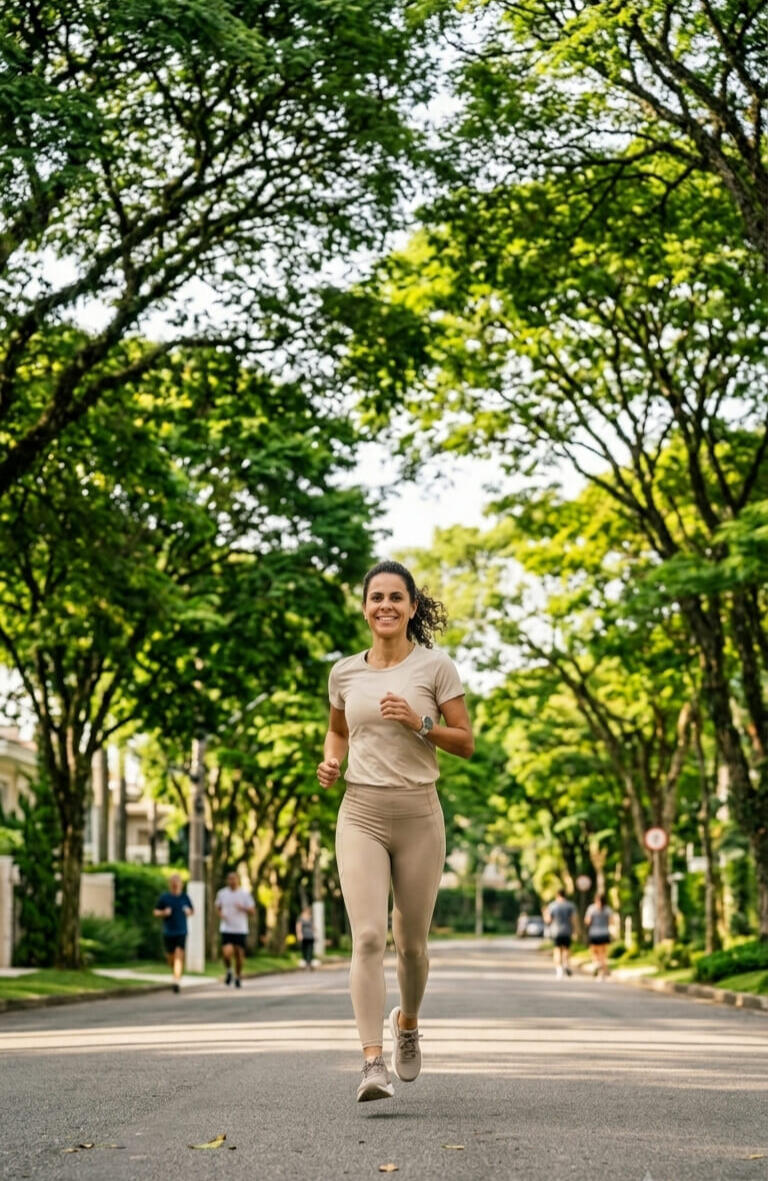 Estilo de vida saudável e os benefícios do chocolate bean-to-bar Mulher jovem adulta vestindo conjunto esportivo bege correndo de frente em uma rua arborizada, ilustrando os benefícios fisiológicos e bem-estar associados ao consumo de chocolate saudável