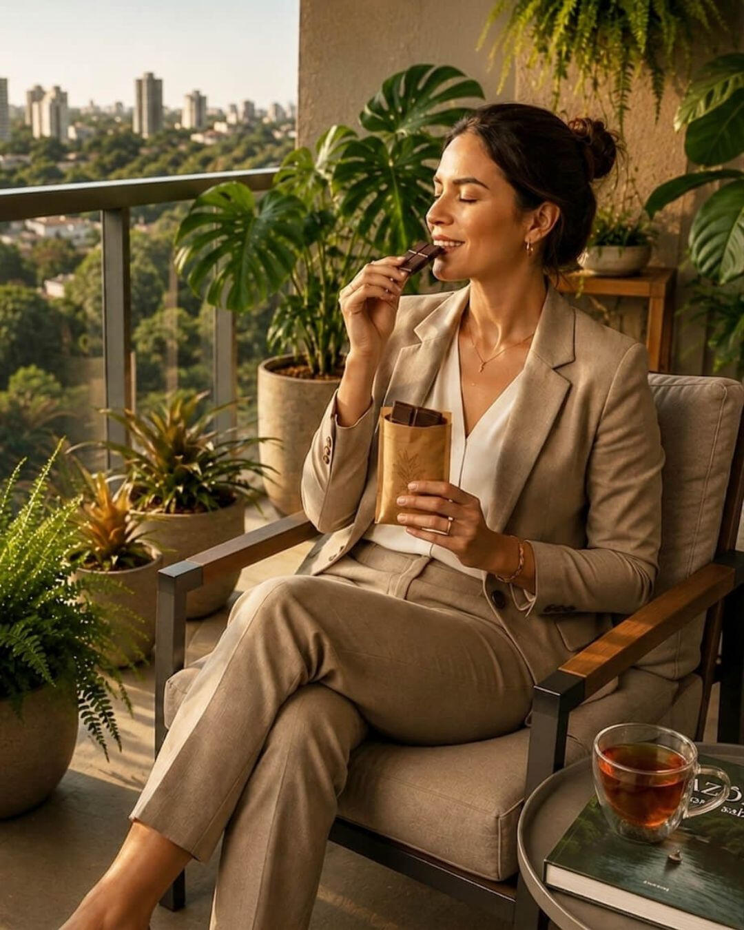 cha-e-chocolate-premium-varanda-urbana-omicha.jpg Uma executiva em terno bege relaxa na varanda de um apartamento decorada com plantas, aproveitando um momento de pausa ao pôr do sol. Ela segura um chocolate de origem e aprecia um blend de chá especial de cor âmbar em uma xícara de vidro moderna, disposta