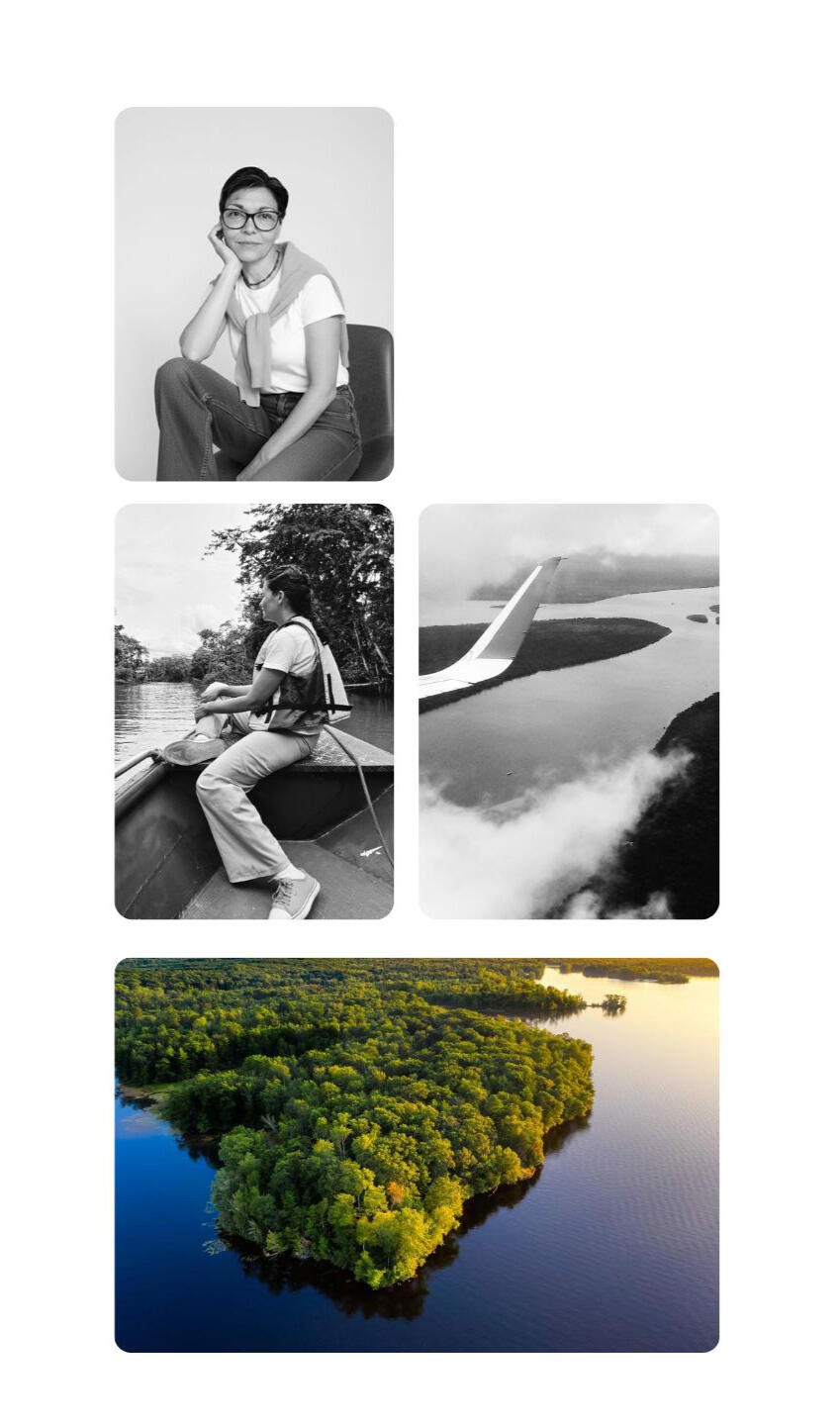 omichas-trajetoria-expedicao-tecnica-cha-agroflorestal.jpg Colagem de fotos em preto e branco mostrando a fundadora da OMICHA em estúdio, em uma expedição técnica de barco por regiões de cultivo, sementes de cumaru em destaque e vista aérea de floresta amazônica preservada.