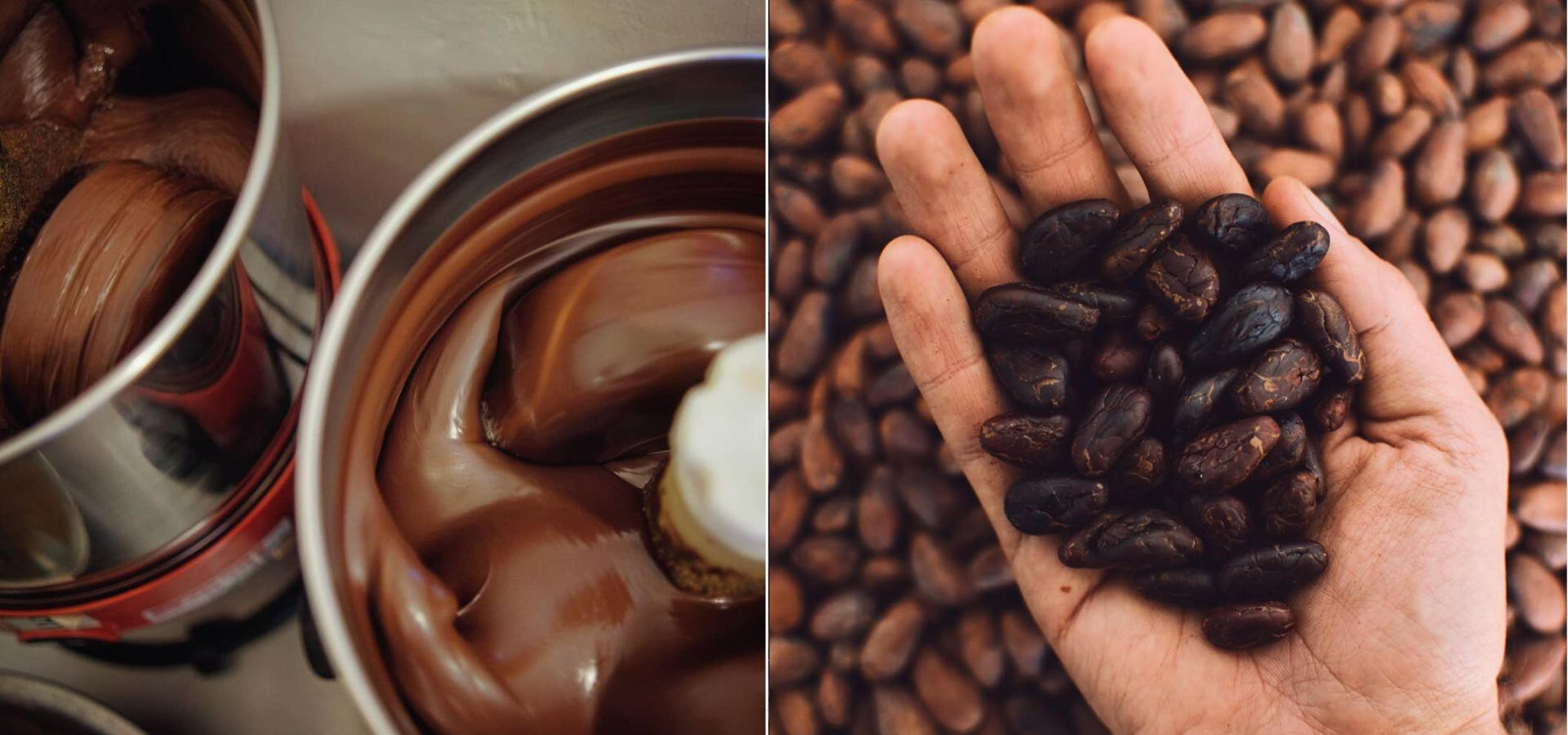 processo-bean-to-bar-moagem-chocolates-amendoas-cacau.jpg Imagem dividida ao meio mostrando o refinamento do chocolate fluido em melanger de pedra à esquerda e amêndoas de cacau de origem selecionadas na mão à direita.
