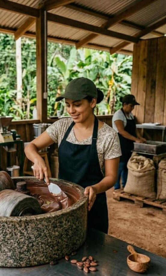 Produtora de chocolate artesanal utilizando espátula para inspecionar massa de cacau em refino dentro de uma melanger de pedra, em ambiente de produção de origem sustentável.