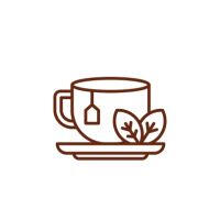 icone-cha-verde-omicha.jpg Ícone em linhas de uma xícara de chá sobre pires com saquinho de infusão e duas folhas de Camellia sinensis ao lado, representando momento de pausa, bem-estar e equilíbrio natural.