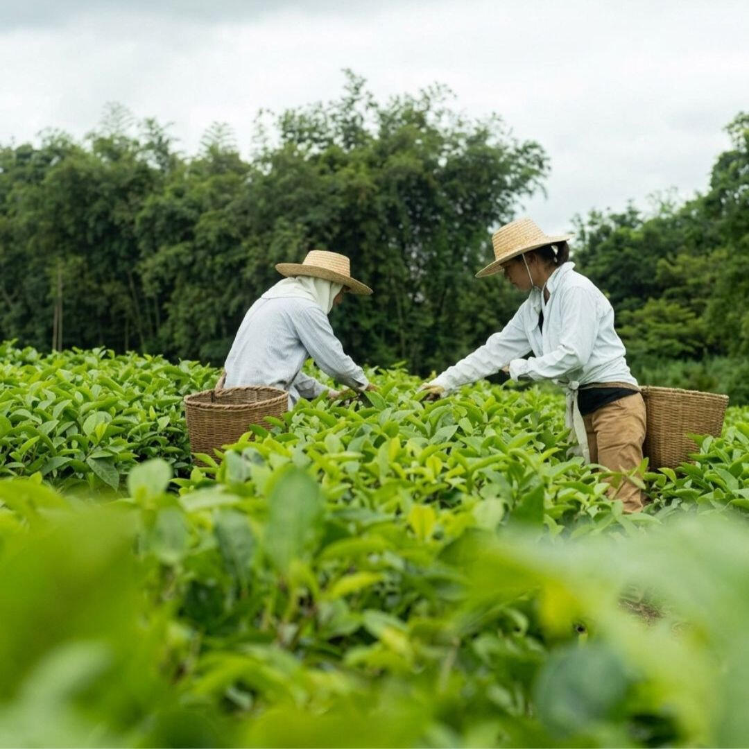 colheita-artesanal-folhas-cha-especial-vale-do-ribeira-omicha.jpg Duas trabalhadoras com chapéus de palha a realizar a colheita manual de folhas verdes em uma plantação de chá especial no Vale do Ribeira para a OMICHA.