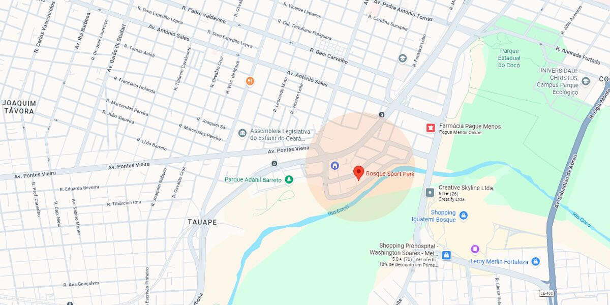 Mapa de Localização da Omicha no Bosque Sport Park — bairro Cocó, Fortaleza, Ce. Captura de mapa ilustrado destacando a localização do Bosque Sport Park no bairro Cocó, próximo ao Shopping Iguatemi Bosque e às margens do Rio Cocó em Fortaleza.