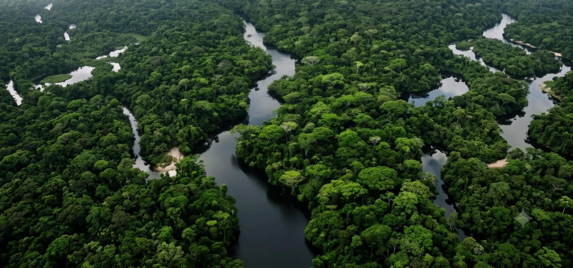 Vista aérea da Floresta Amazônica com rios serpenteando a vegetação nativa, origem do cacau nativo para os chocolates bean to bar dos estojos de madeira sustentável para presente da OMICHA.
